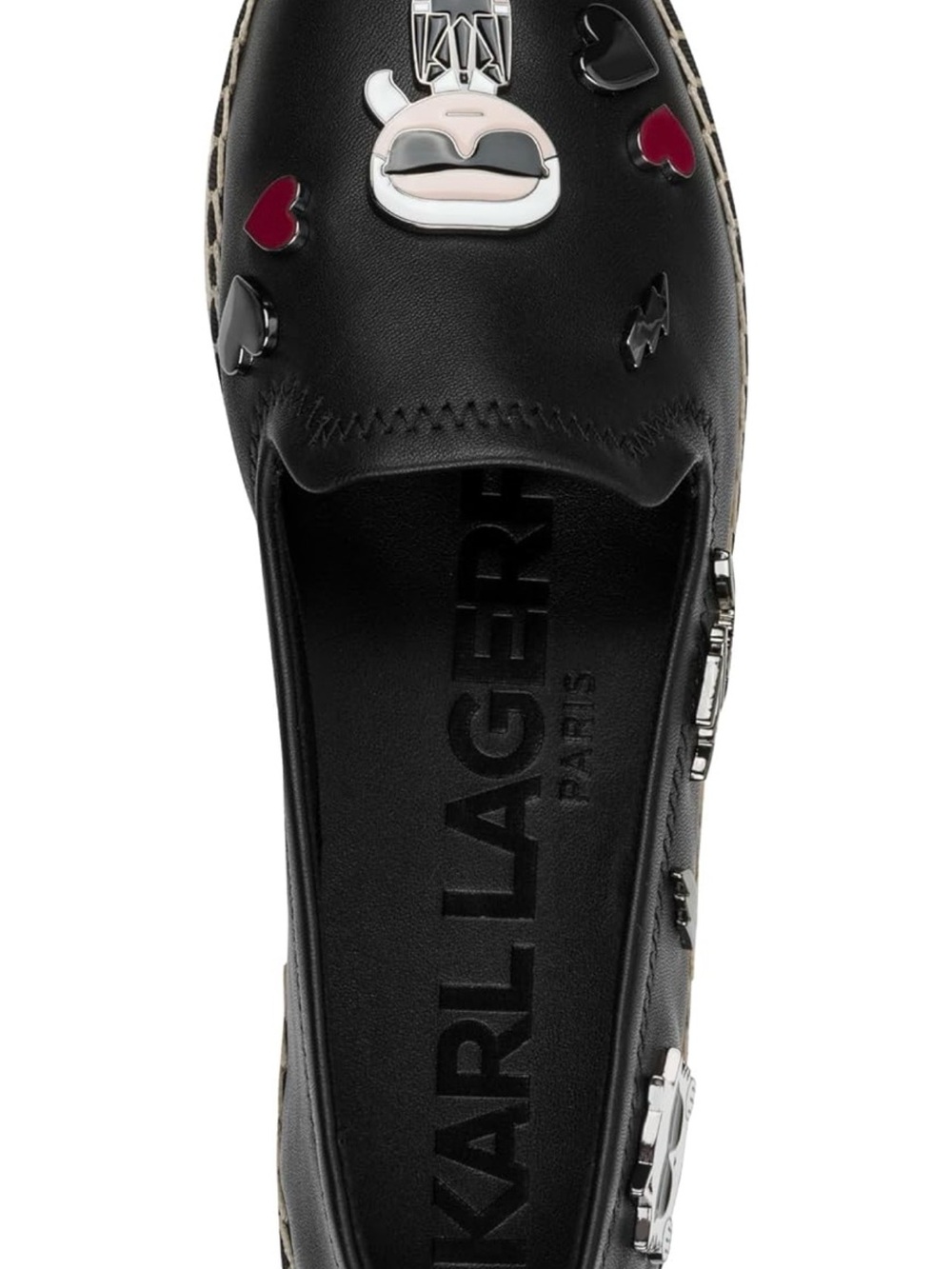 Karl Lagerfeld Black Leather Espadrille Slippers with Red Heart Accents - Picture 3 of 5
